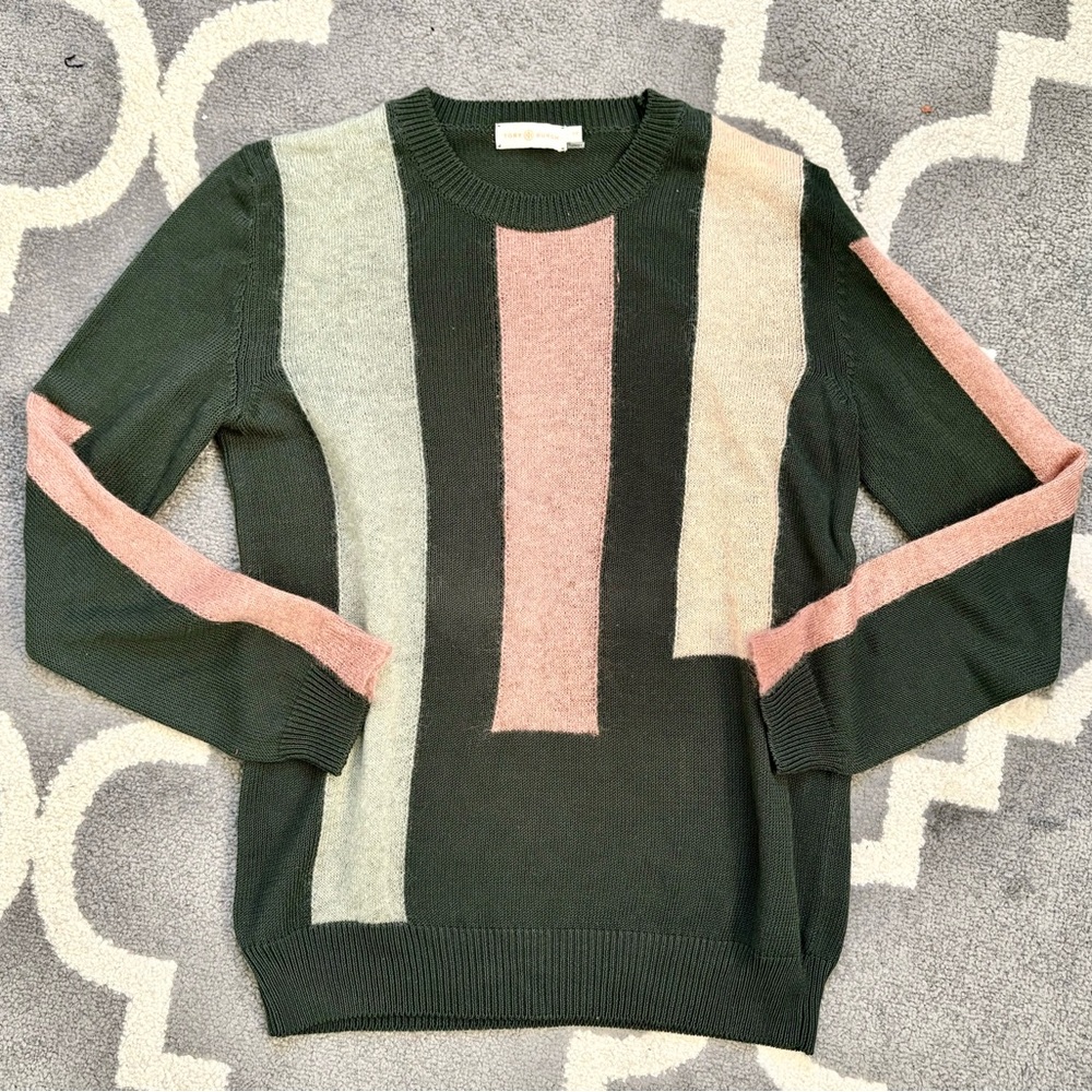 Tory Burch Striped Colorblock Green and Pink SWEATER S